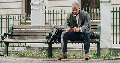 Buy stock photo Phone, online and business man in city for journalist research, source investigation or contact. Eyewitness report, article editor and communication with person outdoor for feedback and news story