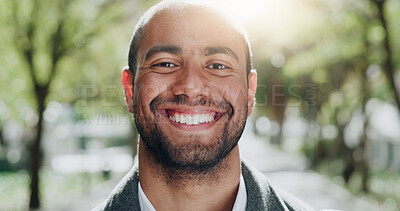 Buy stock photo Portrait, smile or business man at park as sustainability consultant with flare. Face, happy worker or employee outdoor with confidence, pride or career opportunity as eco friendly advisor with bokeh