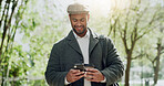Phone, coffee and business man in city for journalist research, source investigation or contact. Eyewitness report, article editor and communication with person outdoor for drink and news story