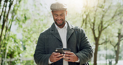 Buy stock photo Phone, coffee and business man in city for journalist research, source investigation or contact. Eyewitness report, article editor and communication with person outdoor for drink and news story