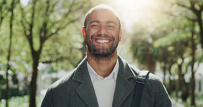Buy stock photo Portrait, smile and business man outdoor as green consultant with flare. Happy, worker and employee at park with confidence, sustainability or career opportunity as eco friendly advisor in about us