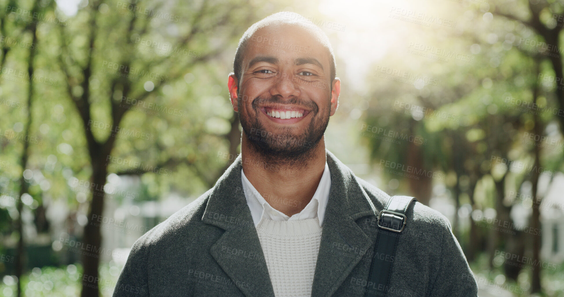 Buy stock photo Portrait, smile and business man outdoor as green consultant with flare. Happy, worker and employee at park with confidence, sustainability or career opportunity as eco friendly advisor in about us