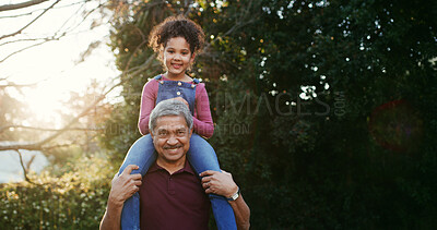 Buy stock photo Grandfather, shoulder carry and kid in park for fun together, bonding and summer vacation portrait. Happiness, old man and girl with piggyback, playful or game with love for memory and adventure