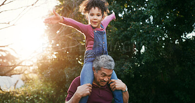 Buy stock photo Grandpa, shoulder carry and kid in park for fun together, bonding and freedom on summer vacation. Happiness, old man and girl with piggyback, playful or game with portrait for memory and adventure