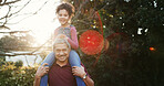 Grandpa, shoulder carry and child in park for fun together, bonding and portrait on summer vacation. Happiness, old man and girl with piggyback, love or game with bokeh for memory and adventure