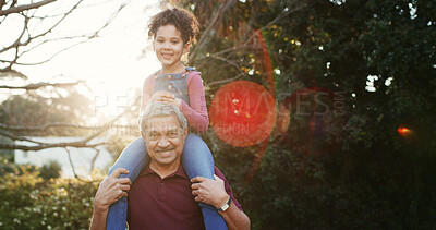 Buy stock photo Grandpa, shoulder carry and child in park for fun together, bonding and portrait on summer vacation. Happiness, old man and girl with piggyback, love or game with bokeh for memory and adventure
