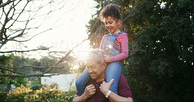 Buy stock photo Grandfather, shoulder carry and child in park for fun together, bonding and love on summer vacation. Happiness, old man and girl with piggyback, playful or game with flare for memory and adventure