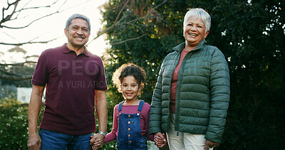 Buy stock photo Grandparents, child and holding hands with portrait in garden for bonding together, support or love. Family, senior people and girl kid with smile outdoor for relationship, weekend visit and security