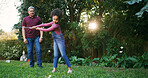 Grandfather, child and playing golf outdoor for hobby, learning skills and teaching technique. Family, senior man and girl kid with sports in garden for bonding together, swing practice and weekend