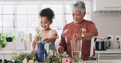 Buy stock photo Grandmother, child and flower care in kitchen for learning botany, help and bonding with family. Grandma, girl and plants in home for healthy growth, smile or teach floral decor with vase for hobby