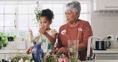 Buy stock photo Grandmother, child and flowers in kitchen for learning botany, help and bonding with family. Grandma, girl and plants in home for healthy growth, decoration or teaching floral care for hobby together