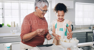 Buy stock photo Baking, happy and grandma with child in kitchen for learning, teaching and helping for cookies. Family, home and grandmother with girl with flour, ingredients and bonding for dessert, cake and pastry