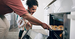 Baking, oven and child with parent, home or excited for cookies, help or learning recipe in kitchen. Happy, girl and family with biscuits, growth and skill development for kid, person and dessert