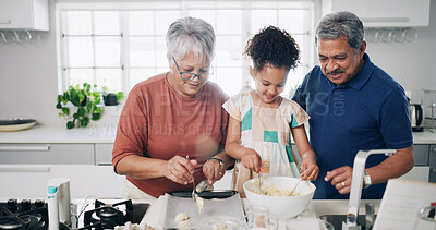 Buy stock photo Baking, child and bonding with grandparents, kitchen or learning recipe for dessert, happy and help. Teaching, girl and old people with dough for cookies, growth and skill development for kid in home