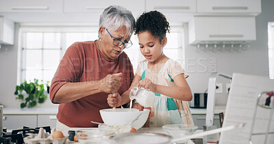 Buy stock photo Baking, bowl and grandma with child in kitchen for learning, teaching and helping for cookies. Family, home and grandmother with girl with milk, ingredients and bonding for dessert, cake and pastry