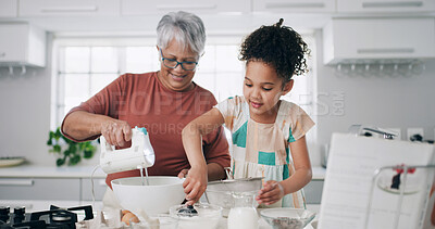 Buy stock photo Baking, happy and grandma with girl in kitchen for learning, teaching and helping for cookies. Family, home and grandmother with child with flour, ingredients and bonding for dessert, cake and pastry