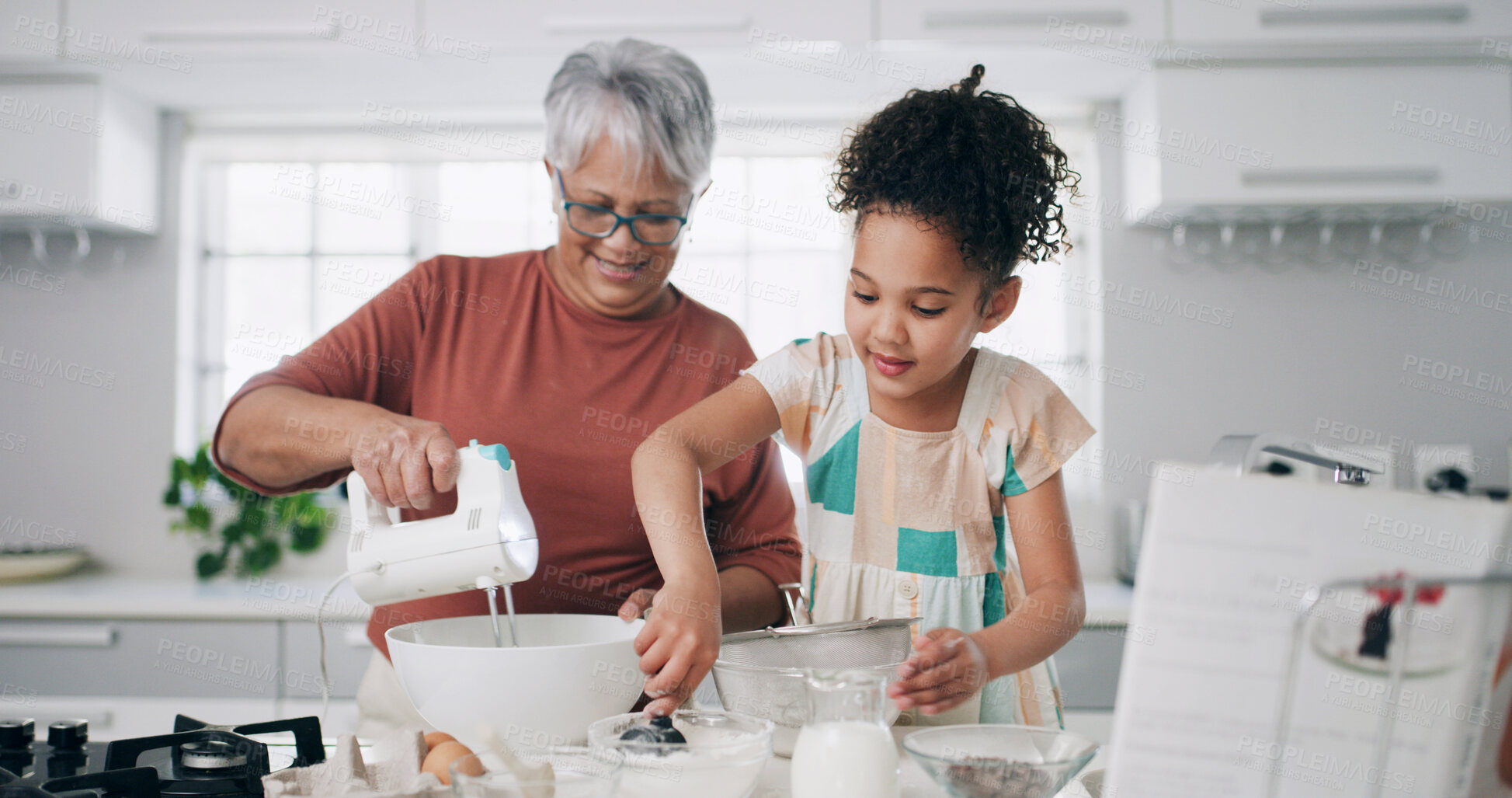 Buy stock photo Baking, happy and grandma with girl in kitchen for learning, teaching and helping for cookies. Family, home and grandmother with child with flour, ingredients and bonding for dessert, cake and pastry