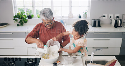 Buy stock photo Baking, happy and grandmother with child in kitchen for learning, teaching and helping for cookies. Family, home and grandma with girl with flour, ingredients and bonding for dessert, cake and pastry