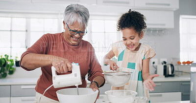 Buy stock photo Baking, grandma and child with flour, kitchen or mixing ingredients with tool and skill development. Happy, old woman and bonding with girl, meal prep or teaching recipe for dessert or pastry in home