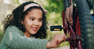 Buy stock photo Repair, parent and child with bicycle outdoor for fixing wheel, ride safety and bonding together. Family, happy girl and helping with bike maintenance for rim problem, tyre puncture and cycling hobby