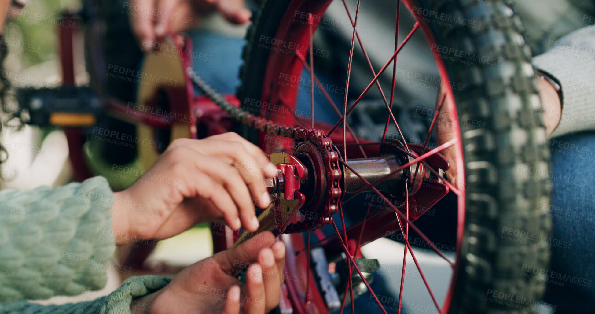 Buy stock photo Hands, bike repair and help at park with safety inspection, wheel or chain for ride in summer. People, bicycle and maintenance with gear, outdoor or learning with support for sustainable transport