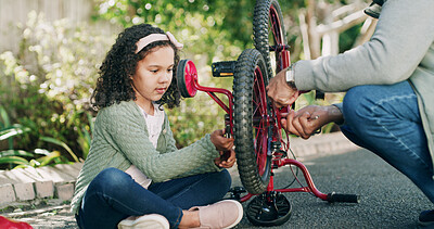 Buy stock photo Repair, dad and child with bicycle outdoor for fixing wheel, ride safety and bonding together. Family, girl and helping with bike maintenance in road for rim problem, tyre puncture and cycling hobby