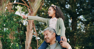Buy stock photo Nature, adventure and grandfather with child on shoulders for sightseeing in woods on holiday. Happy, bonding and senior man carrying girl kid outdoor in forest for having fun on vacation together.