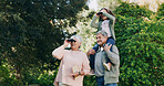 Bird watching, grandparents and girl with family, countryside and  bonding together with hobby. Grandchild, old man and senior woman in forest, binocular and travel with view, sightseeing and explore