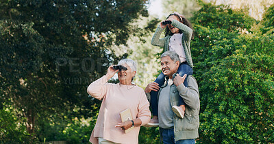 Buy stock photo Bird watching, grandparents and girl with family, countryside and  bonding together with hobby. Grandchild, old man and senior woman in forest, binocular and travel with view, sightseeing and explore