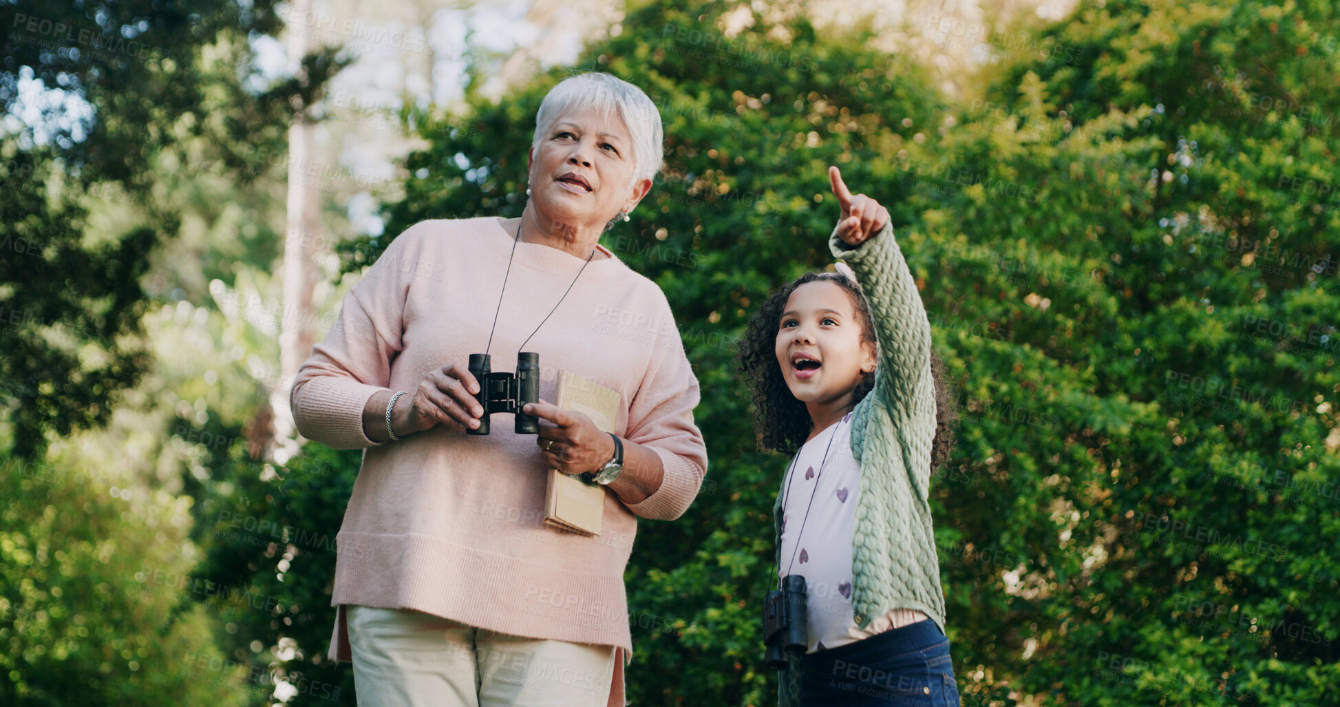 Buy stock photo Grandmother, child and binocular in park for travel, sightseeing and pointing with view for bonding. Woman, girl and explore for adventure, bird watching or together in nature with family in Mexico