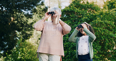 Buy stock photo Grandma, child and binocular in park for travel, sightseeing and search for view with bonding. Old woman, girl and explore for adventure, bird watching or together in nature with family in Mexico