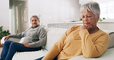 Buy stock photo Argument, fight and senior couple on sofa for divorce, conflict and marriage crisis in home. Retirement, relationship and mature man and woman ignore for disagreement, frustrated and breakup in house