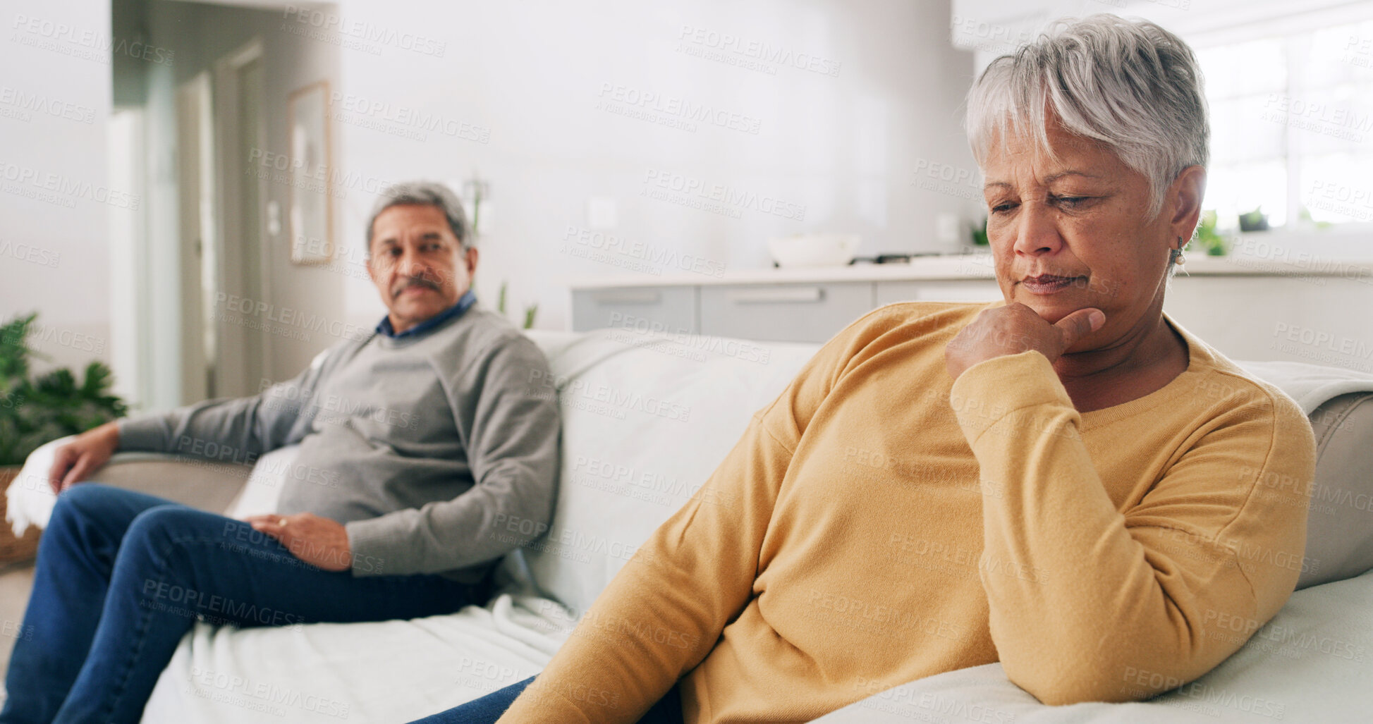 Buy stock photo Argument, fight and senior couple on sofa for divorce, conflict and marriage crisis in home. Retirement, relationship and mature man and woman ignore for disagreement, frustrated and breakup in house