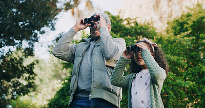 Buy stock photo Grandfather, kid and binocular in park for travel, sightseeing or search with view for bonding. Old man, girl and explore for adventure, bird watching or together in nature with family in Mexico