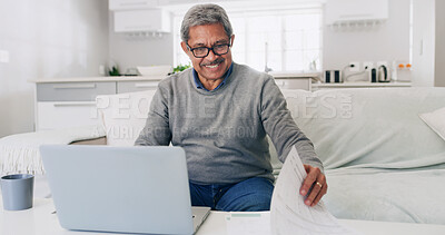 Buy stock photo Happy, senior man and financial analysis in home, documents and preparing taxes with laptop or tech. Asset management, bills and plan for retirement with budget, paperwork and old person with smile