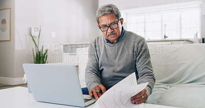 Buy stock photo Home, senior man and review documents, financial analysis and preparing taxes with laptop in lounge. Asset management, bills or planning for retirement with budget, paperwork and old person with tech