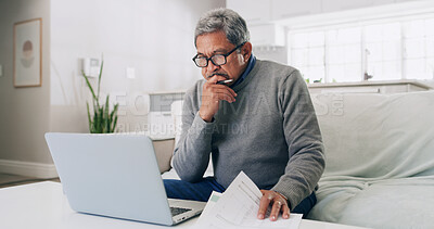 Buy stock photo Thinking, old man and financial analysis with laptop, home or planning for retirement with documents. Asset management, bills and preparing taxes with tech, budget and senior person with paperwork