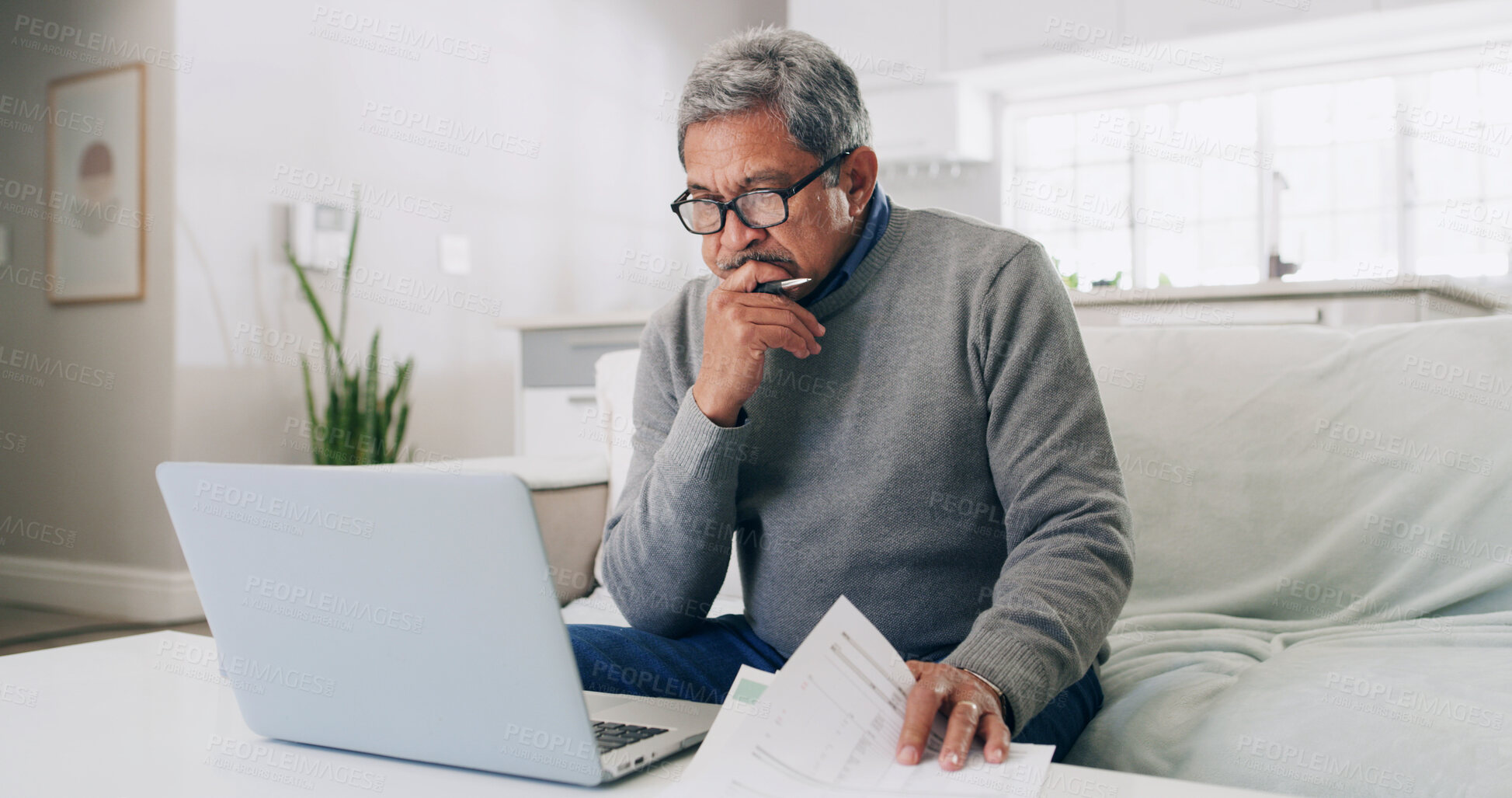 Buy stock photo Thinking, old man and financial analysis with laptop, home or planning for retirement with documents. Asset management, bills and preparing taxes with tech, budget and senior person with paperwork