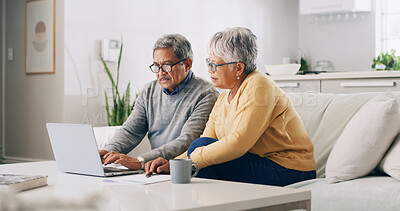 Buy stock photo Home, laptop and old couple with financial planning, bills and online budget with mortgage payment. Pensioner, retirement fund and man with woman, pc and investment with savings and email with taxes