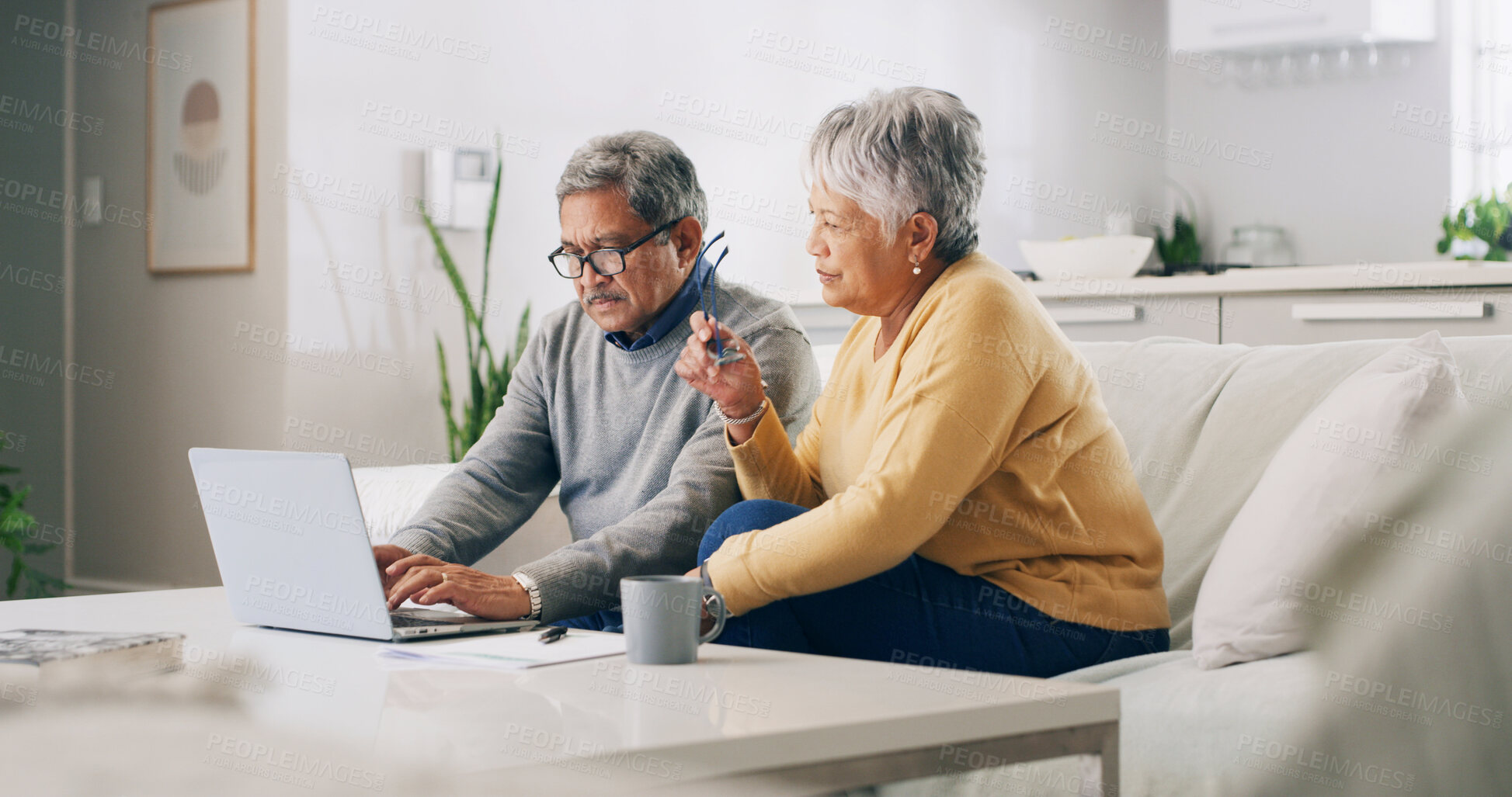 Buy stock photo Home, laptop and senior couple with financial planning, life insurance and online budget. Pensioner, apartment and man with woman, pc and investment with savings, retirement fund and email with taxes