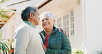 Home, senior couple and hug in garden with support for real estate, investment together and love. Happy, elderly people and embrace outdoor for retirement security, property purchase and relationship