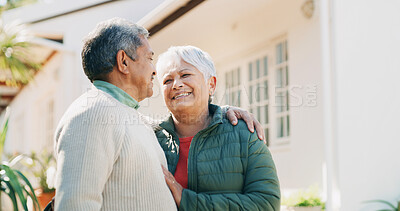 Buy stock photo Home, senior couple and hug in garden with support for real estate, investment together and love. Happy, elderly people and embrace outdoor for retirement security, property purchase and relationship