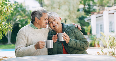 Buy stock photo Backyard, love and senior couple with coffee for funny conversation, bonding and relax outdoor Retirement home, garden and mature man and woman laughing with drink for marriage, embrace and talking