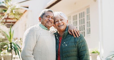 Buy stock photo Home, elderly couple and hug outdoor with portrait for real estate, property purchase and support. Happy, senior people and embrace in garden for retirement security, mortgage investment and bonding