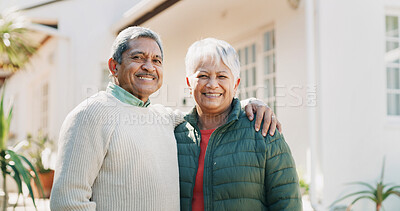 Buy stock photo Home, senior couple and hug outdoor with portrait for real estate, investment together and support. Happy, elderly people and embrace in garden for retirement security, property purchase and bonding