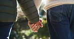 Love, senior couple and holding hands at park for anniversary date, retirement support and bonding. Closeup, elderly people and affection in nature for marriage commitment and relationship security