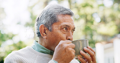 Buy stock photo Thinking, drinking coffee and senior man outdoor for peace, calm and remember memory in retirement. Tea, reflection and elderly person in garden with vision, thoughts and nostalgia with beverage