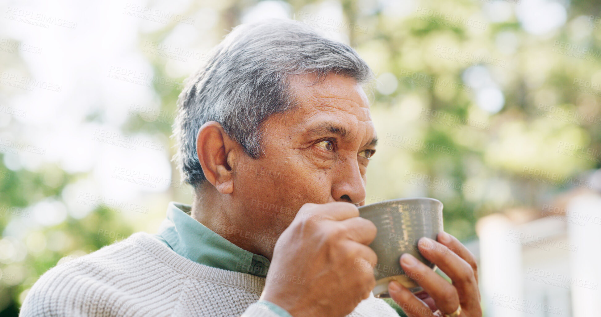 Buy stock photo Thinking, drinking coffee and senior man outdoor for peace, calm and remember memory in retirement. Tea, reflection and elderly person in garden with vision, thoughts and nostalgia with beverage
