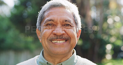 Buy stock photo Portrait, retirement and smile of old man in nature for break, relax or wellness on weekend morning. Outdoor, proud and satisfaction with happy senior person in quiet for chilling or me time