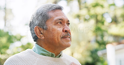Buy stock photo Thinking, garden and senior man in home for nostalgia, memory and thoughtful in retirement. Backyard, elderly and person with wondering, daydreaming and outdoor for reflection, wellness and fresh air